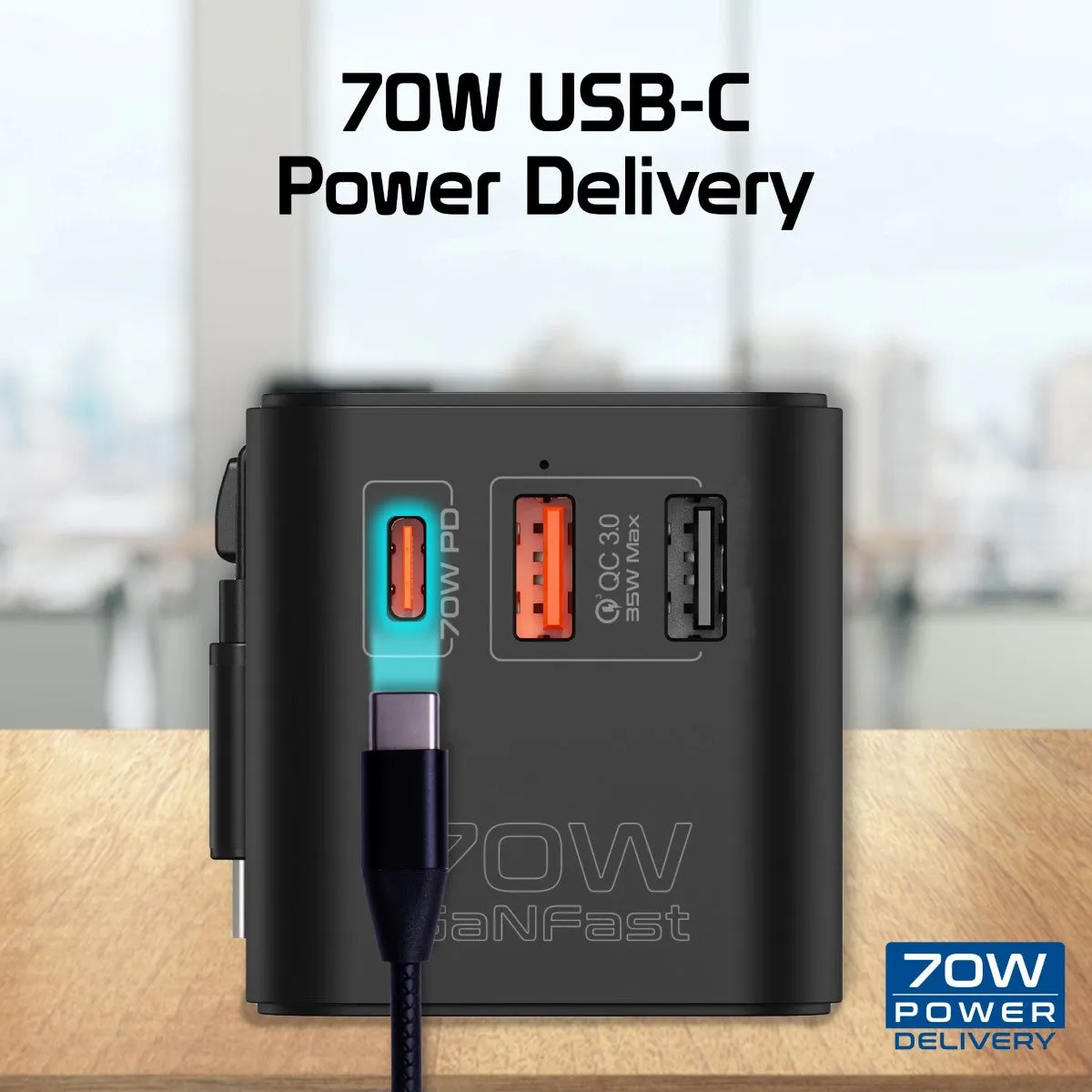 70W GaN Travel Adapter with Retractable Built-in USB-C Cable