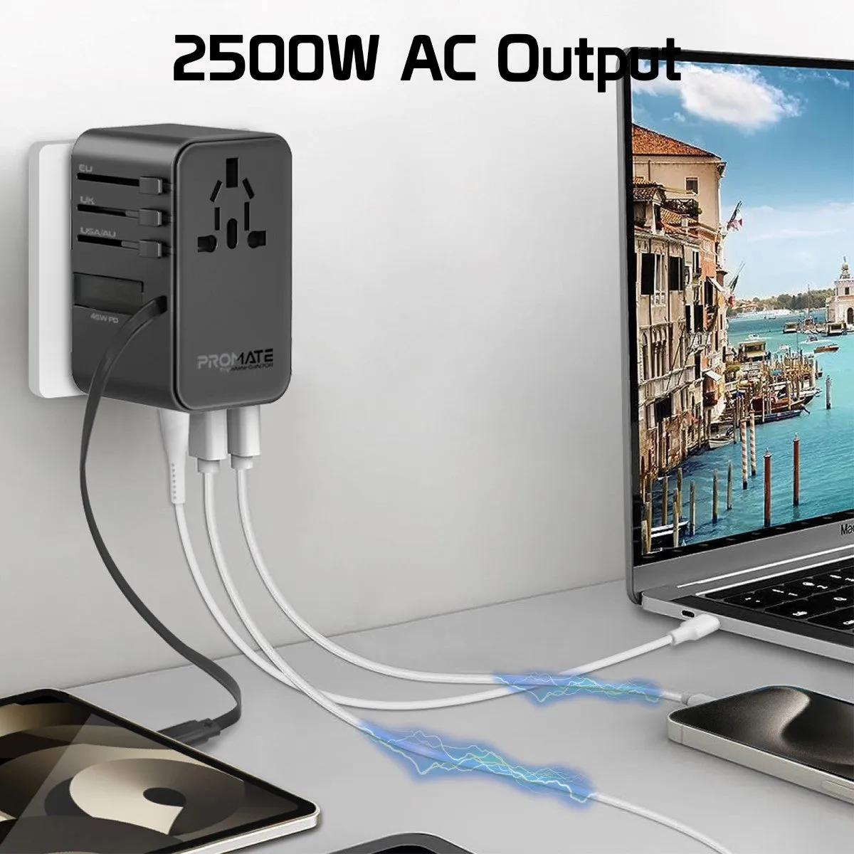 70W GaN Travel Adapter with Retractable Built-in USB-C Cable