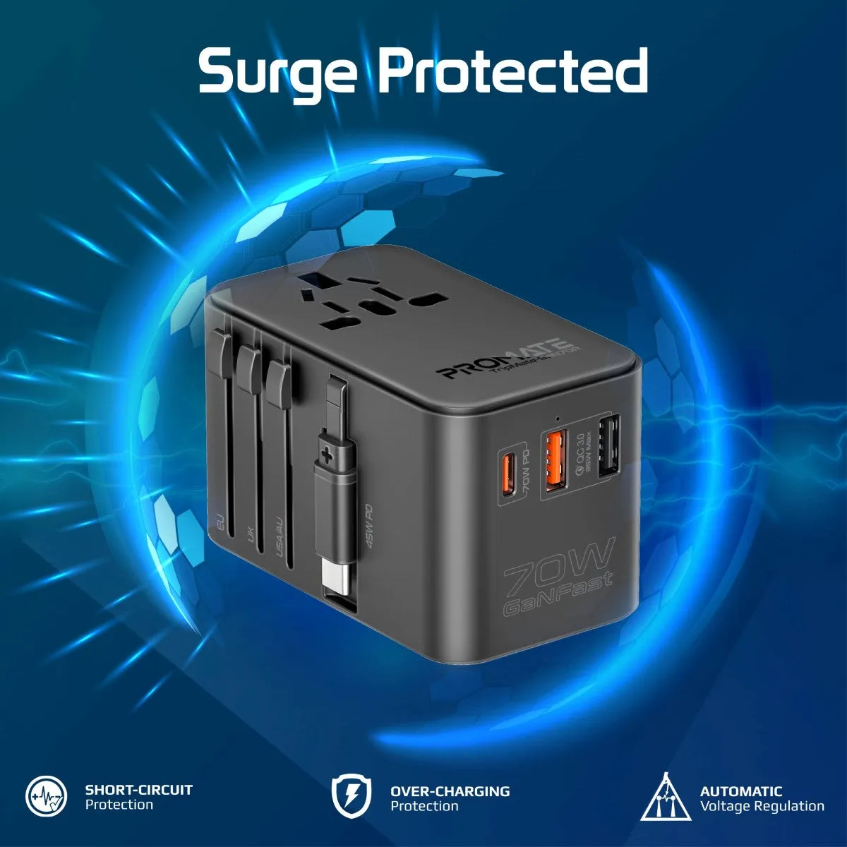 70W GaN Travel Adapter with Retractable Built-in USB-C Cable