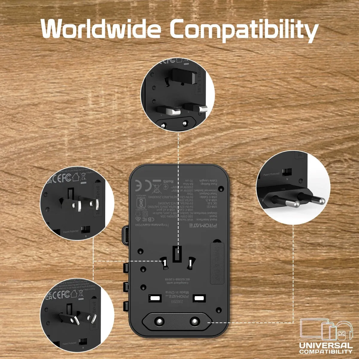 70W GaN Travel Adapter with Retractable Built-in USB-C Cable