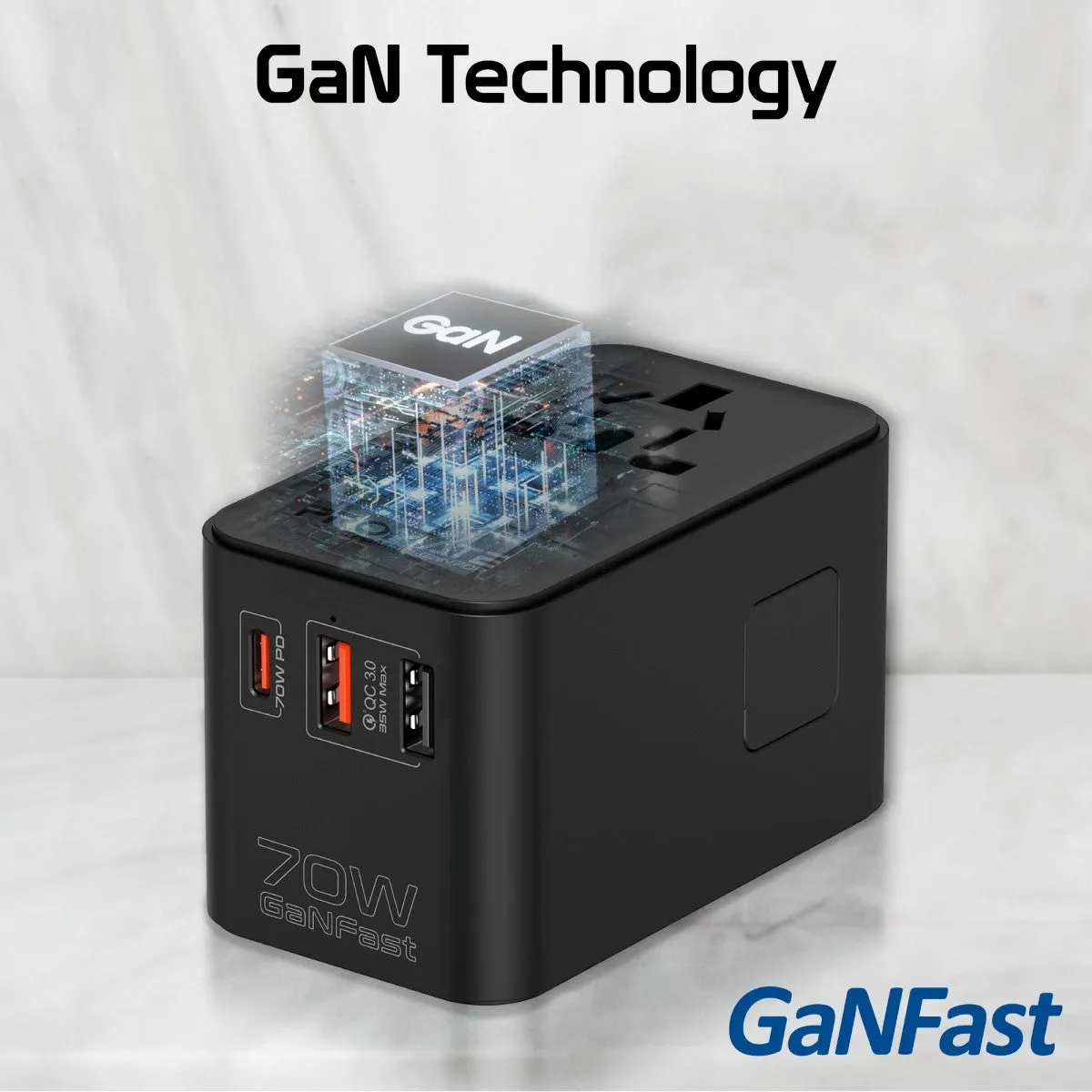 70W GaN Travel Adapter with Retractable Built-in USB-C Cable