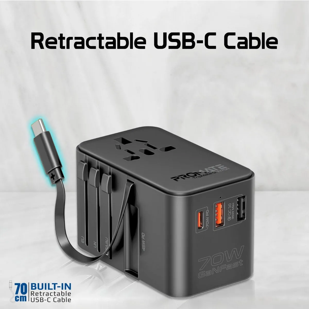 70W GaN Travel Adapter with Retractable Built-in USB-C Cable