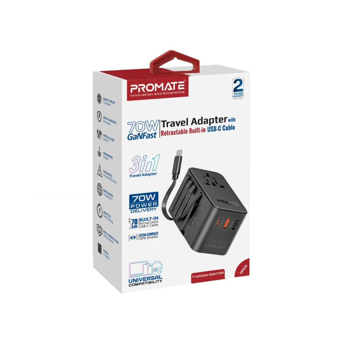 70W GaN Travel Adapter with Retractable Built-in USB-C Cable