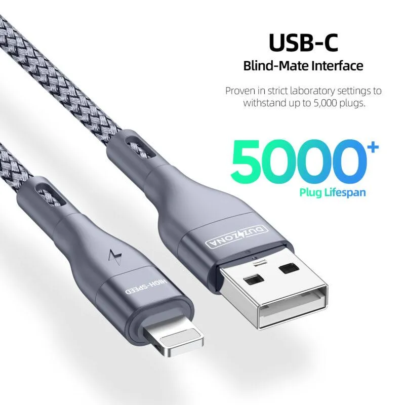 DUZZONA Fast Charge USB-A to Lightning 200cm (2m) Braided Cable - Grey