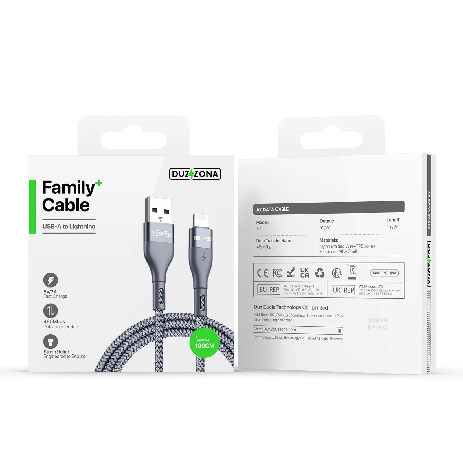 DUZZONA Fast Charge USB-A to Lightning 200cm (2m) Braided Cable - Grey
