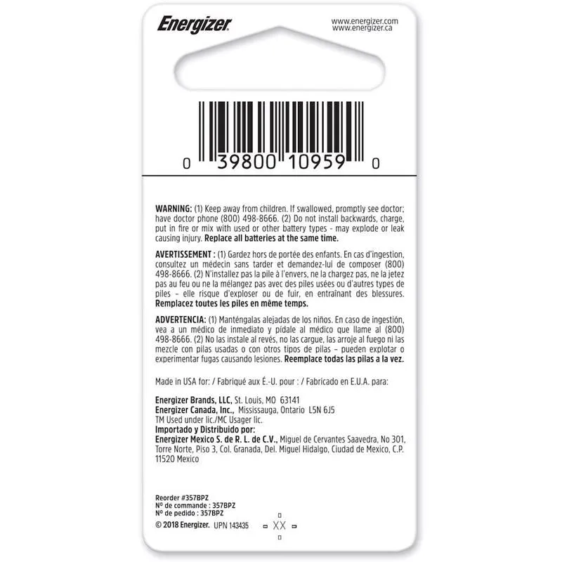 Energizer Silver Oxide 303/357 1.55 V 0.15 mAh Electronic/Watch Battery 1 pk