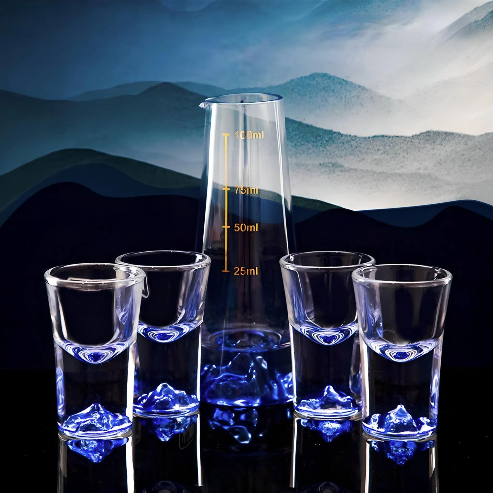 Klein Blue Mountain Crystal Shot Glass Set with Decanter - Japanese Style