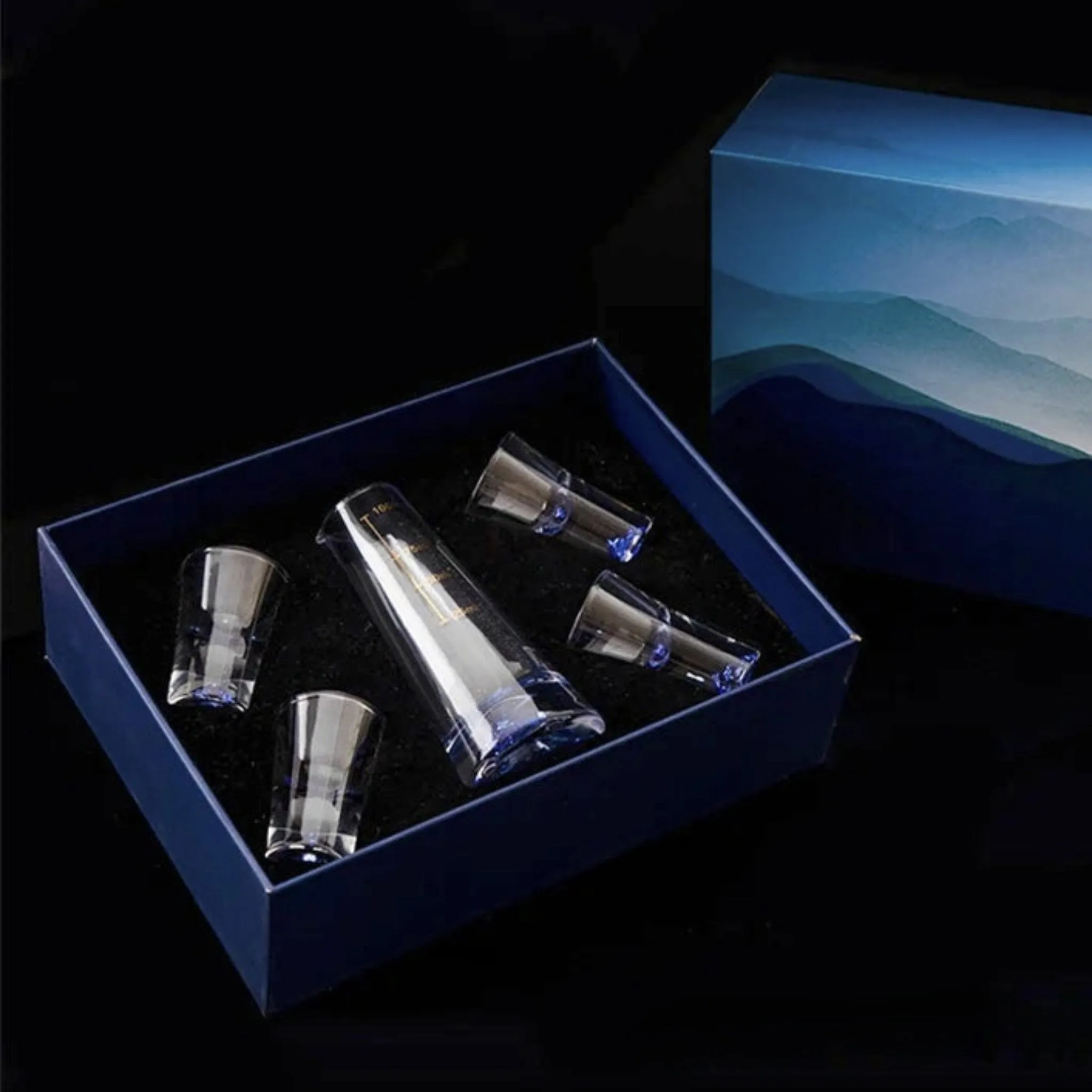 Klein Blue Mountain Crystal Shot Glass Set with Decanter - Japanese Style
