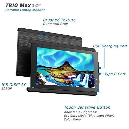 Mobile Pixels Trio Max Portable Monitor, 14'' Full HD IPS Dual Triple monitor for laptops, USB C/USB A powered portable display,Windows/OS/Android/Switch Compatible (One Monitor Only)