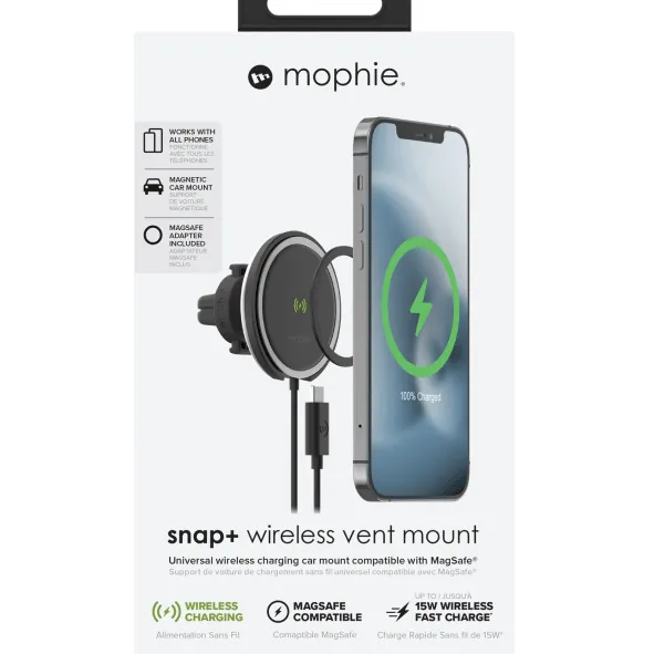 Mophie Snap  MagSafe Compatible Car Vent Mount Wireless Fast Charging Pad Charger USB-C 15W