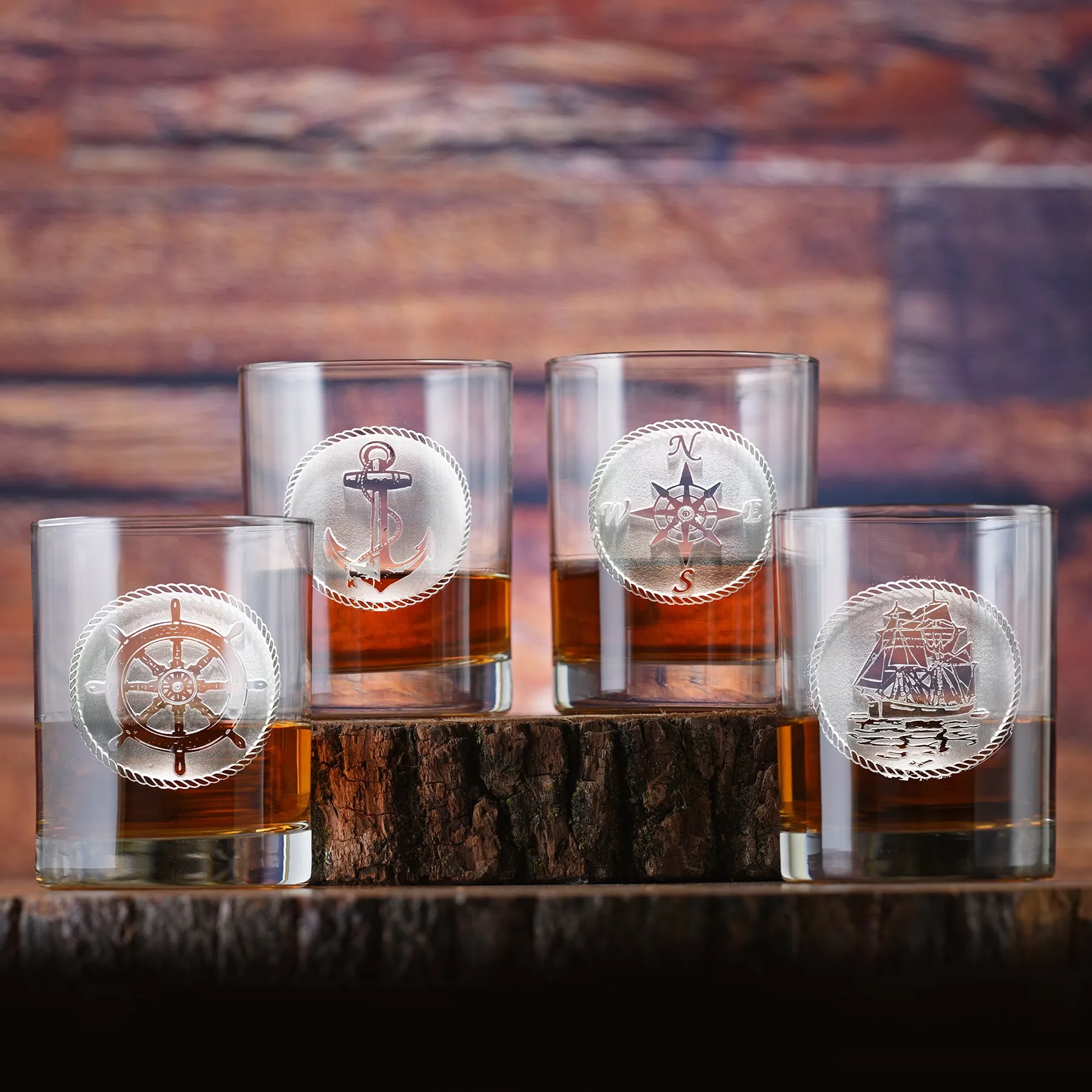 Nautical Rocks Glass Set of 4 - Carved