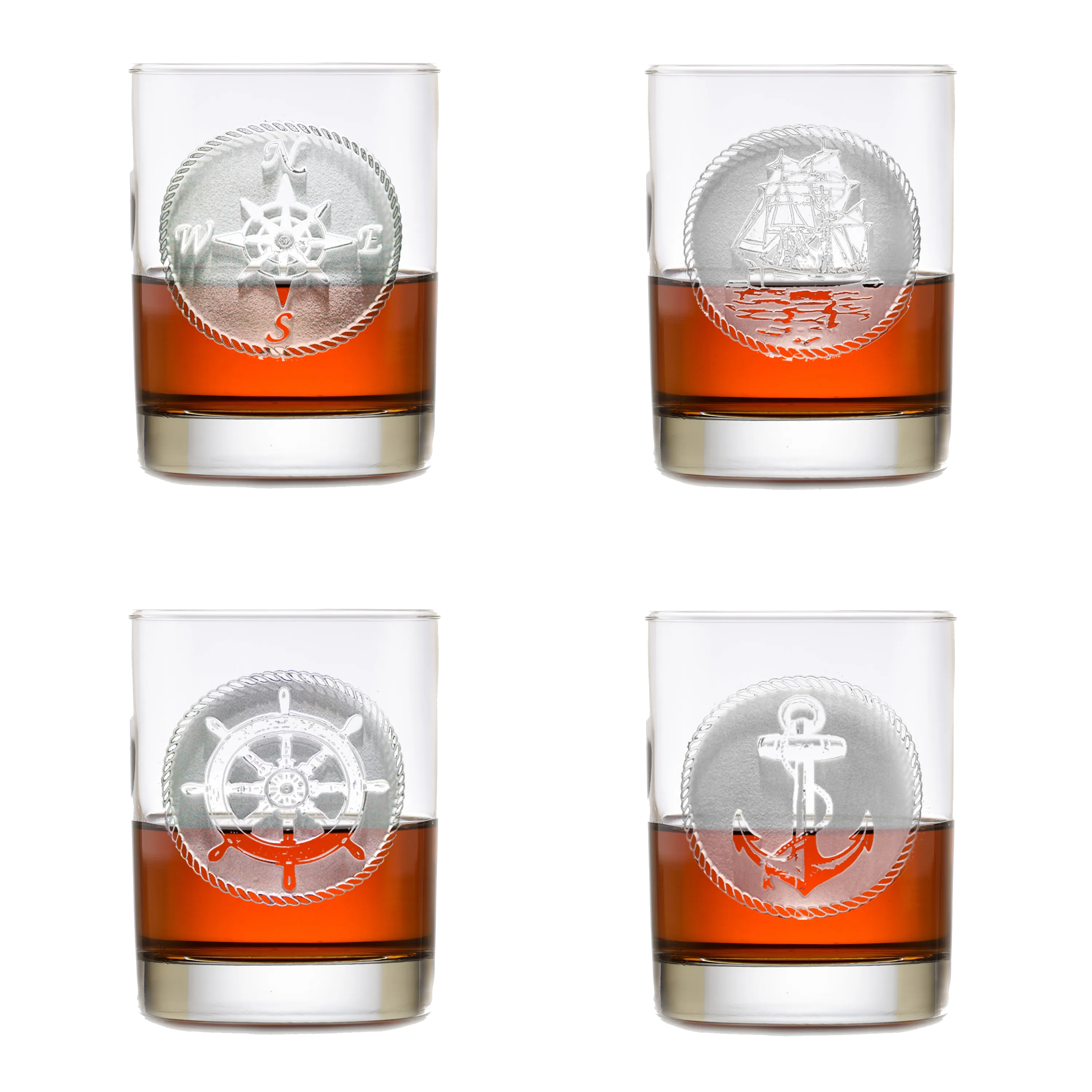 Nautical Rocks Glass Set of 4 - Carved
