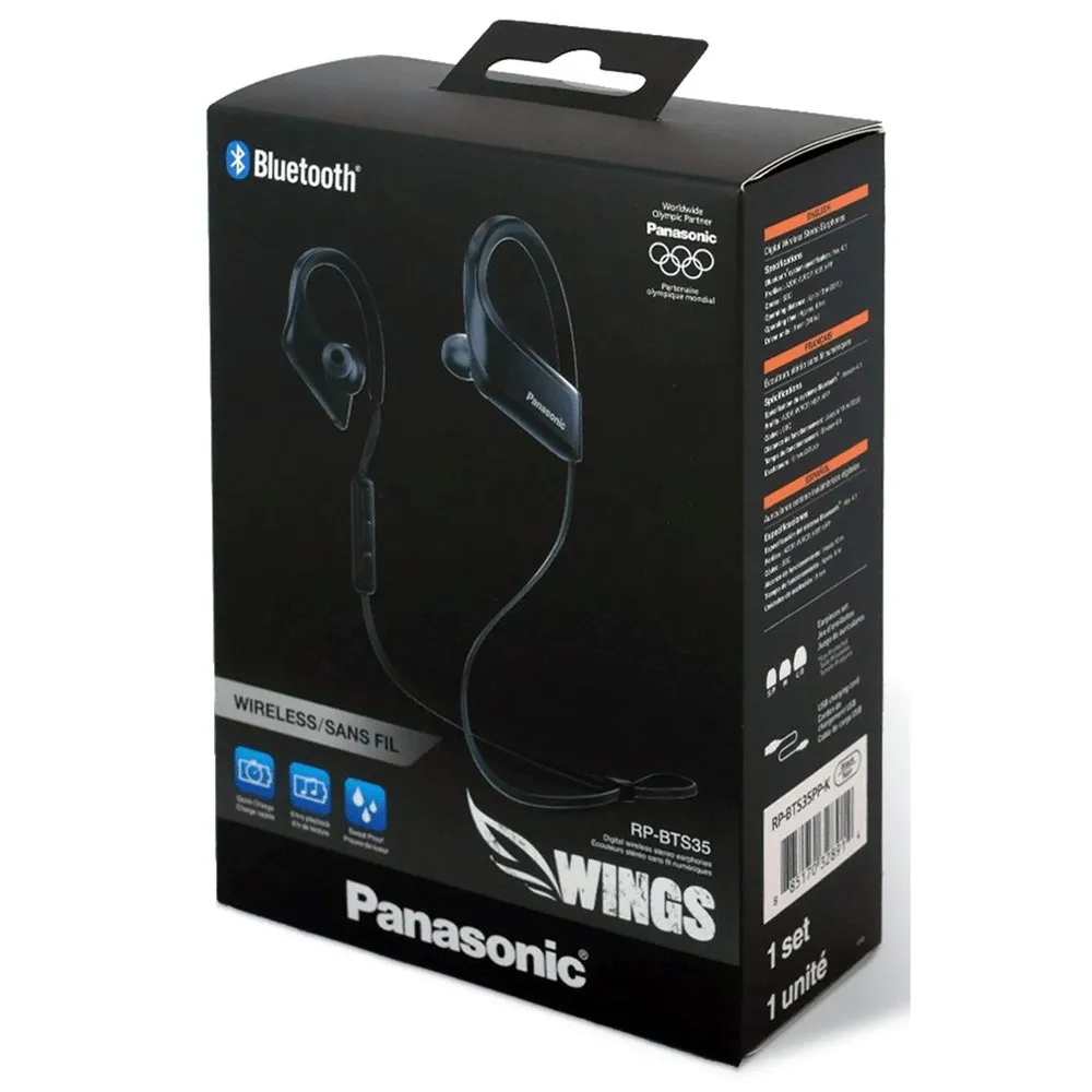 Panasonic Wings RPBTS35EK Cordless Neckband Water Resistant Bluetooth Earphones-Headphones - Black