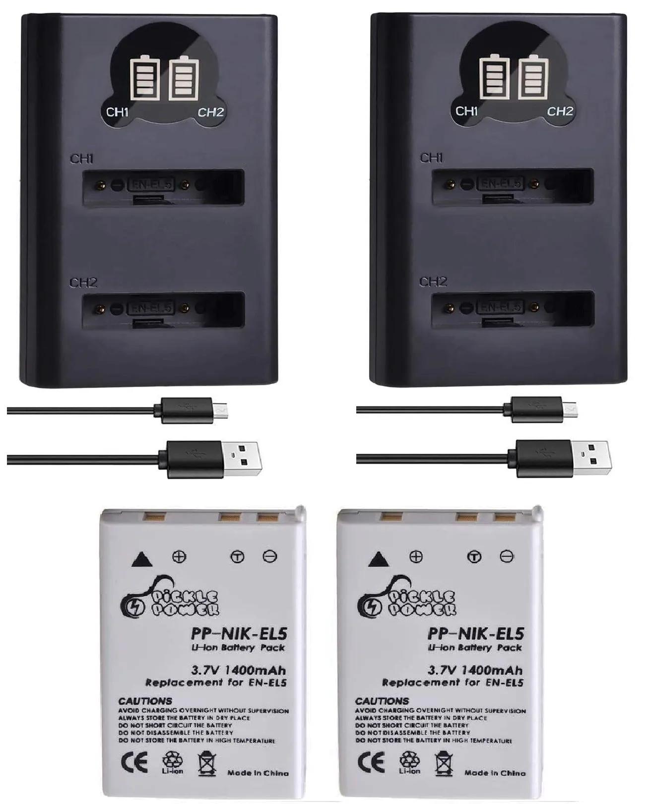 Pickle Battery 2 Pack   2 Charger Kit Replacement for Nikon EN-EL5, MH-61 and Nikon Coolpix 3700, 4200, 5200, 5900, 7900, P3, P4, P80, P90, P100, P500, P510, P520, P530, P5000, P5100, P6000, S10 Cameras