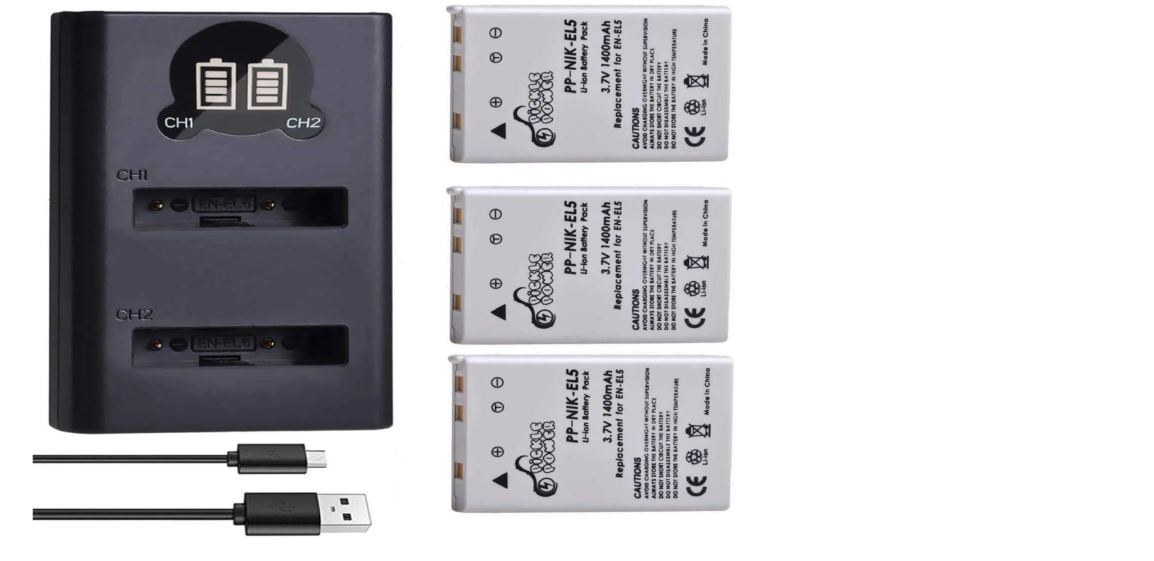 Pickle Battery 3-Pack   Charger Kit Replacement for Nikon EN-EL5, MH-61 and Nikon Coolpix 3700, 4200, 5200, 5900, 7900, P3, P4, P80, P90, P100, P500, P510, P520, P530, P5000, P5100, P6000, S10 Cameras