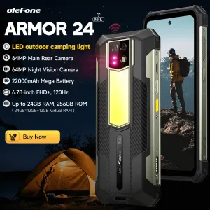Ulefone Armor 24 Extreme Rugged Phone with 22000mAh Battery, 24GB RAM, 256GB Storage, 6.78" 120Hz Display, and Dual 64MP Night Vision Cameras