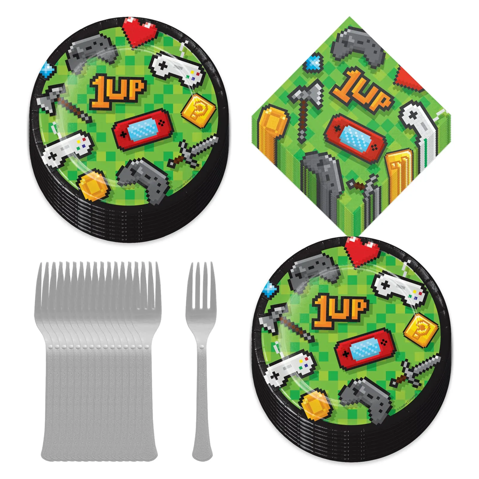 Video Game Party Supplies - Pixelated Gaming Paper Dessert Plates, Napkins, and Forks (Serves 16)