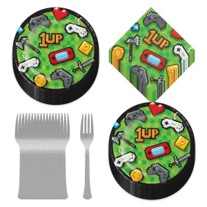 Video Game Party Supplies - Pixelated Gaming Paper Dessert Plates, Napkins, and Forks (Serves 16)