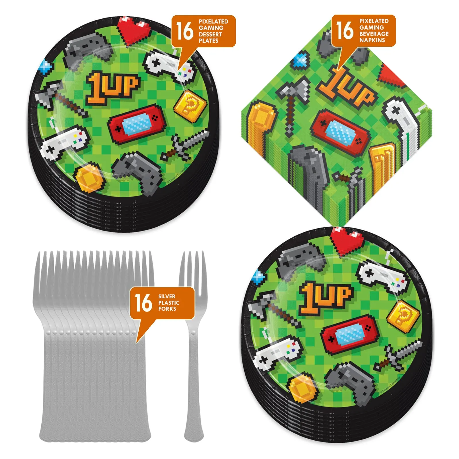 Video Game Party Supplies - Pixelated Gaming Paper Dessert Plates, Napkins, and Forks (Serves 16)